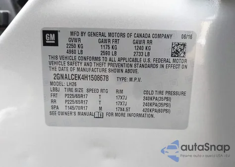 2017 Chevrolet Equinox Lt z USA, uszkodzony, nr VIN 2GNALCEK4H1508678